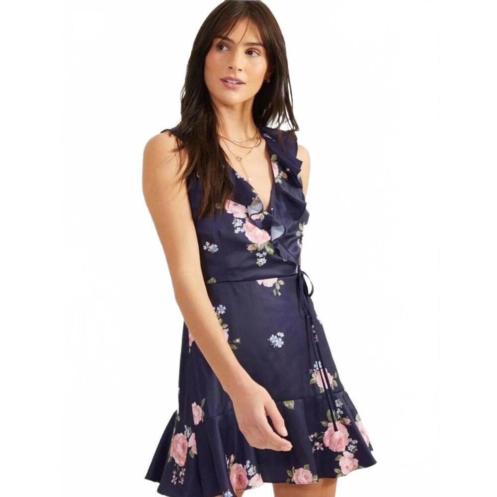 Altar'd State Navy Floral Ruffled Wrap Mini Dress
